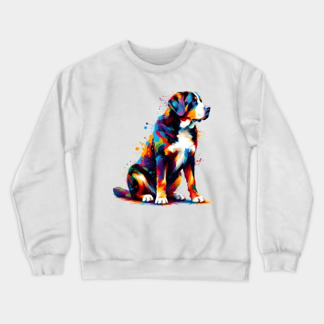 Abstract Colorful Greater Swiss Mountain Dog Splash Art Crewneck Sweatshirt by ArtRUs